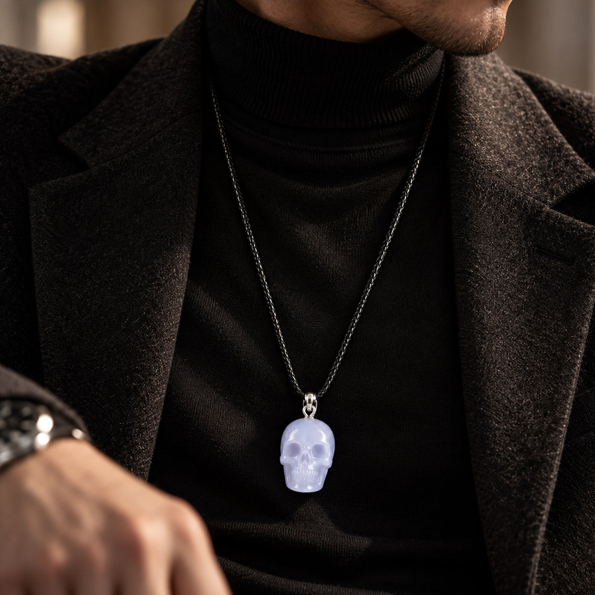 Blue Chalcedony Human Skull Pendant