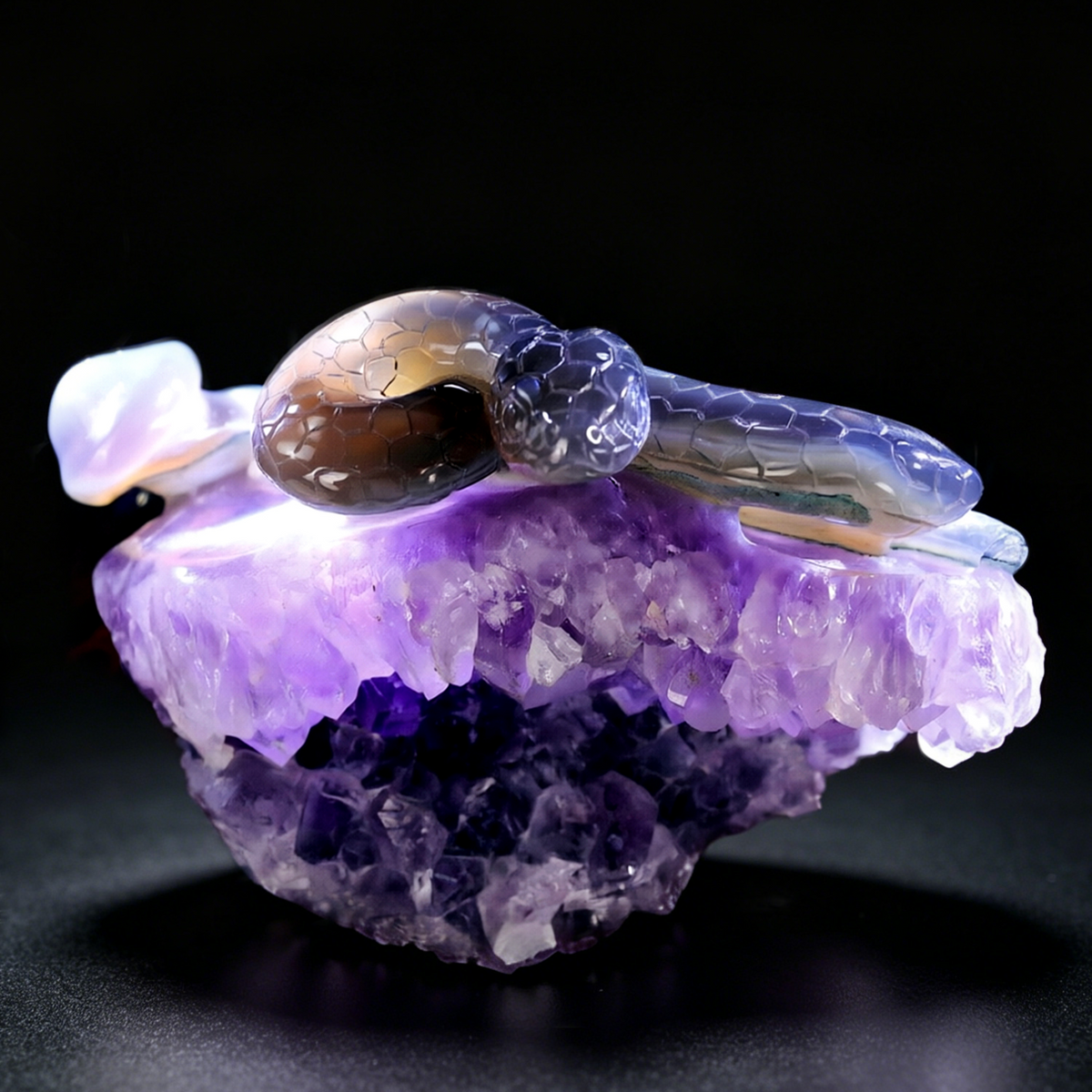 ‘The Violet Citadel’ - Coiled Banded Agate Sentinel in Raw Amethyst Cave · Specimen No. 28