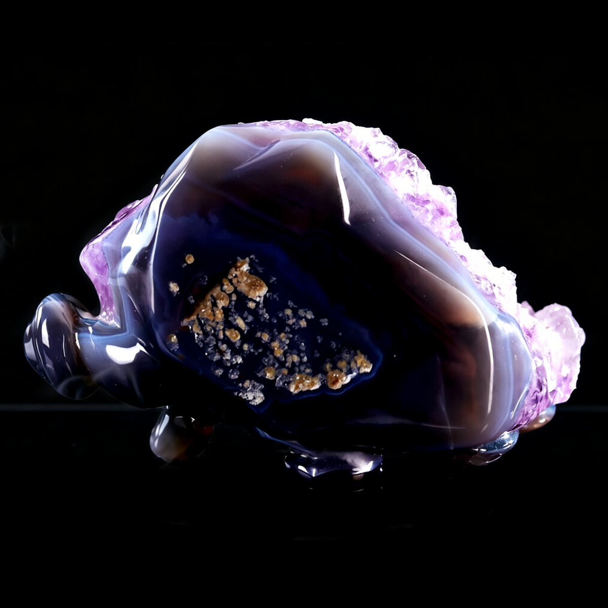 ‘The Violet Citadel’ - Coiled Banded Agate Sentinel in Raw Amethyst Cave · Specimen No. 28