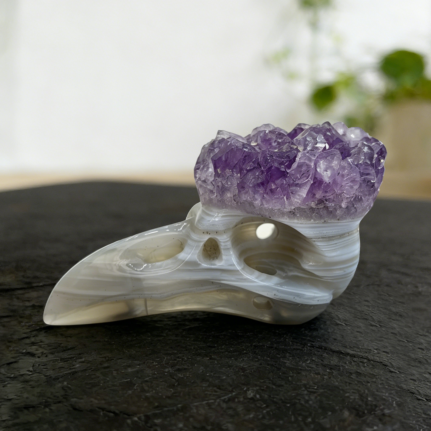 2.5 inch Amethyst Cluster Crow Skull - Natrual Amethyst Crystal Carving
