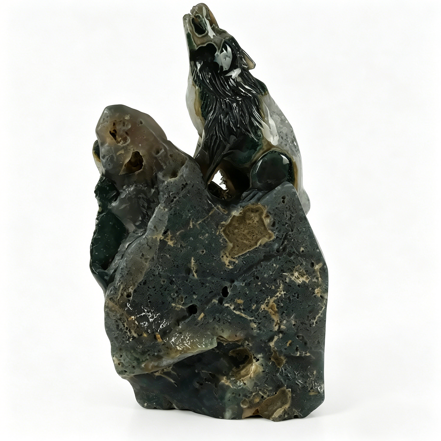 Natural Geode Agate Wolf Carving - Natural Stone Sculpture Carving