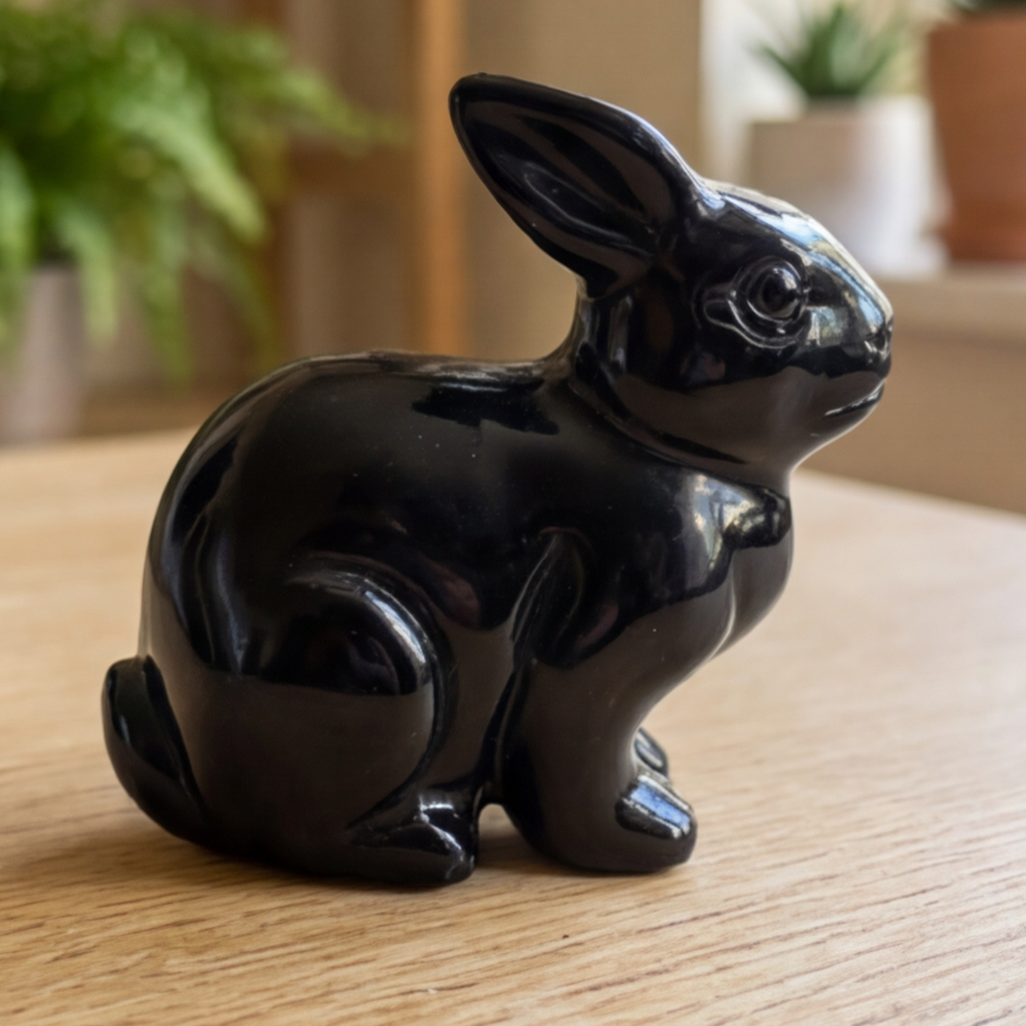 Lapin sculpté en obsidienne noire – Animal en cristal sculpté à la main