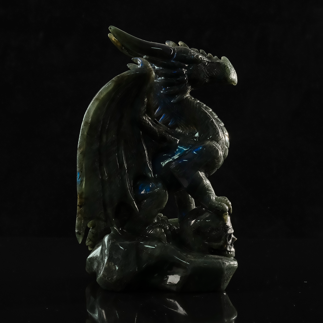 Labradorite Winged Dragon on Skull - Hand-Carved Natural Stone Sculpture