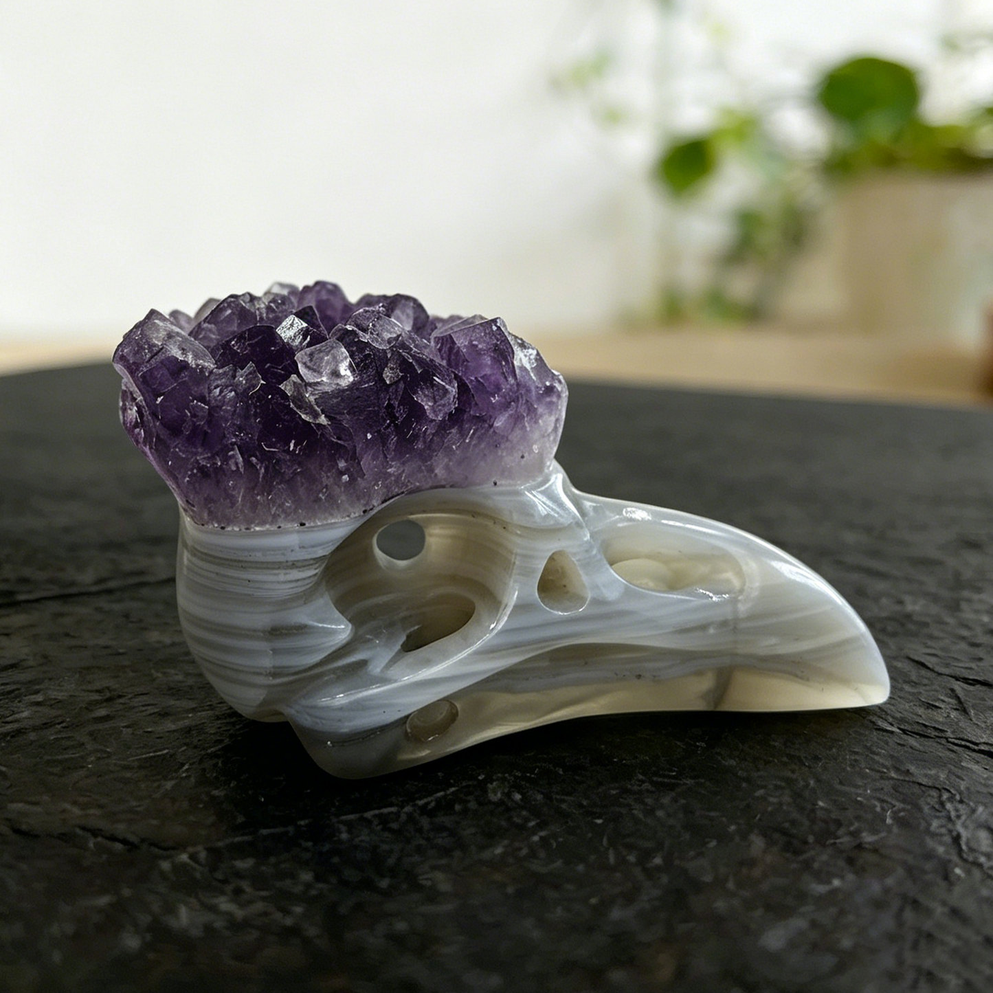 2.5 inch Amethyst Cluster Crow Skull - Natrual Amethyst Crystal Carving