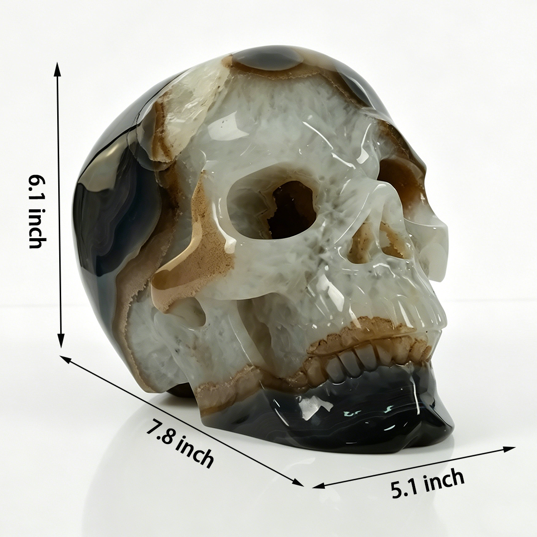 7.8 inch Carved Geode Agate Skull - Natural Stone Sculpture Carving