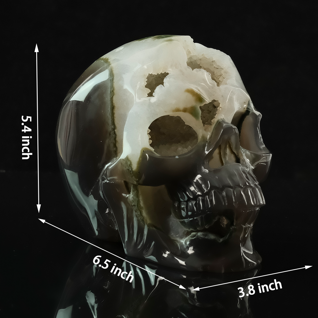 6.5 inch Carved Geode Agate Skull - Natural Stone Sculpture Carving