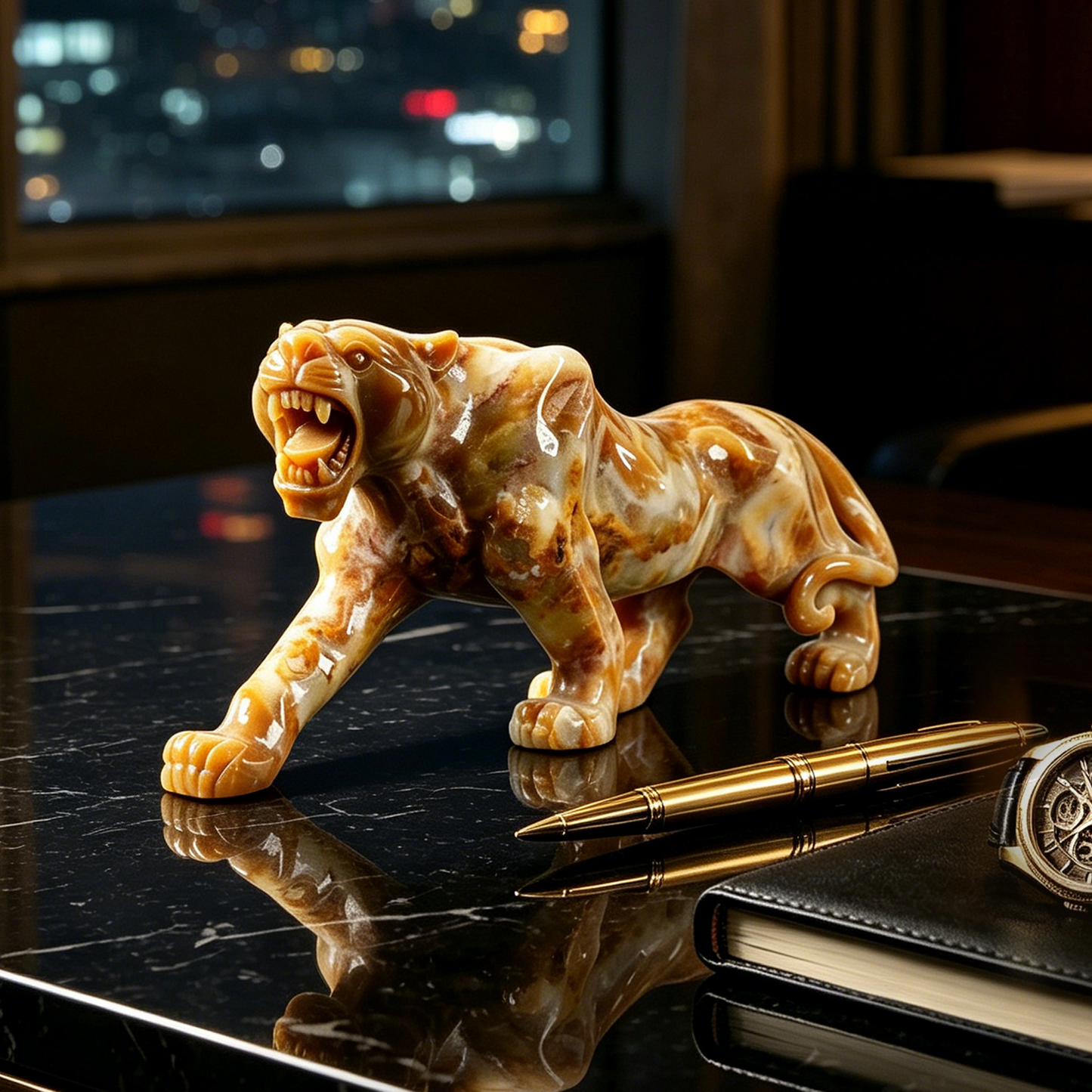 Yellow Chalcedony Leopard Carving - Hand Carved Natural Stone
