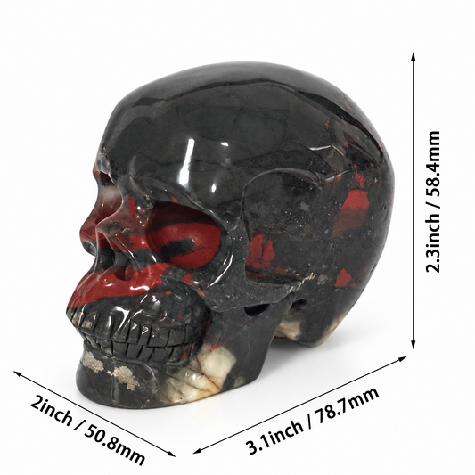 Additional view of a 3-inch African Bloodstone human skull carving