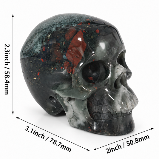 Additional view of a 3-inch African Bloodstone human skull carving