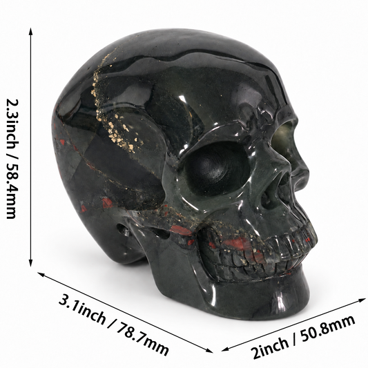 Additional view of a 3-inch African Bloodstone human skull carving