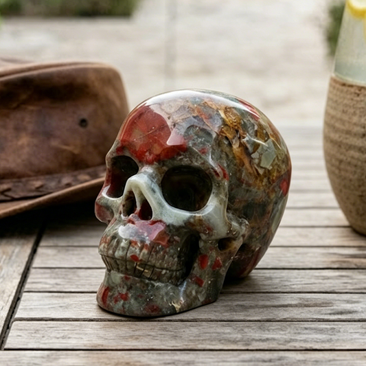 Main view of a 3-inch African Bloodstone human skull carving