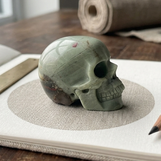 Main view of a 3-inch African Bloodstone human skull carving