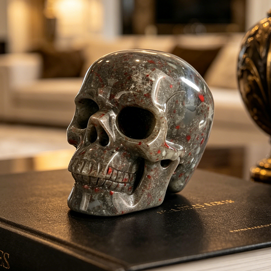 Main view of a 3-inch African Bloodstone human skull carving