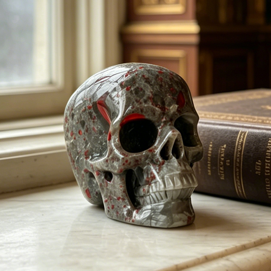 Main view of a 3-inch African Bloodstone human skull carving