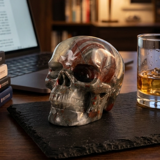 Main view of a 3-inch African Bloodstone human skull carving