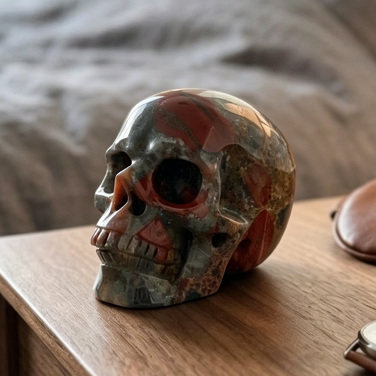 Main view of a 3-inch African Bloodstone human skull carving