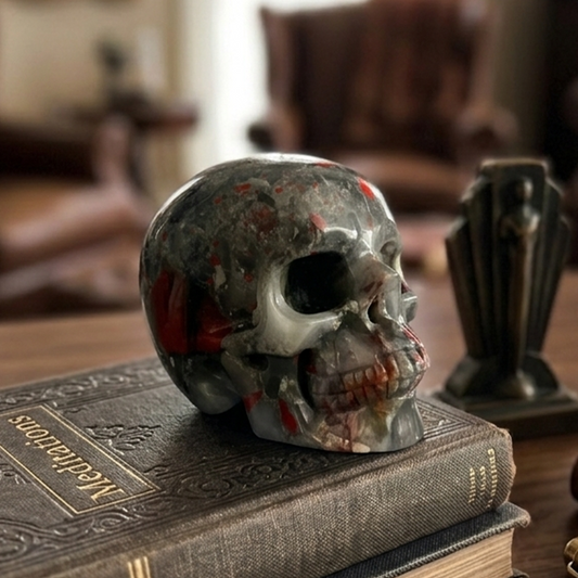 Main view of a 3-inch African Bloodstone human skull carving