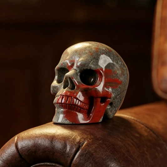 Main view of a 3-inch African Bloodstone human skull carving