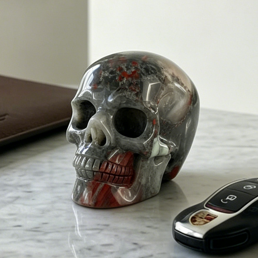 Main view of a 3-inch African Bloodstone human skull carving