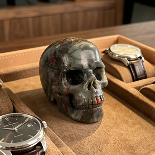 Main view of a 3-inch African Bloodstone human skull carving
