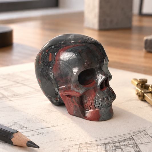 Main view of a 3-inch African Bloodstone human skull carving