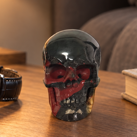 Main view of a 3-inch African Bloodstone human skull carving