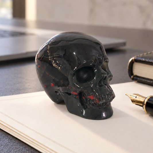Main view of a 3-inch African Bloodstone human skull carving