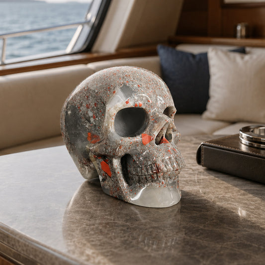 Main view of a 4.5-inch African Bloodstone human skull carving