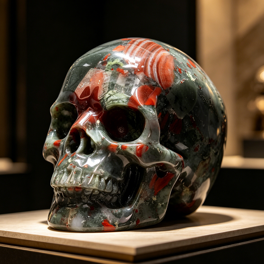 Additional view of a African Bloodstone Titan human skull carving, custom-made in sizes from 7 to 14 inches.