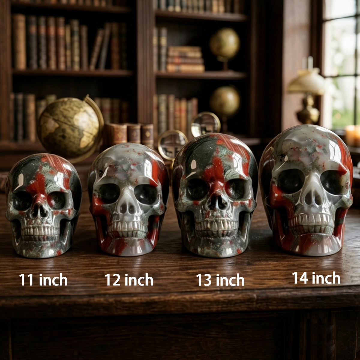 Additional view of a African Bloodstone Titan human skull carving, custom-made in sizes from 7 to 14 inches.