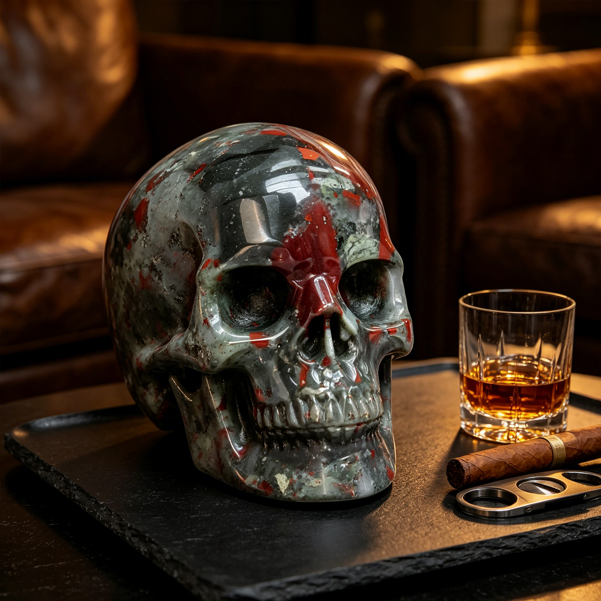 Additional view of a African Bloodstone Titan human skull carving, custom-made in sizes from 7 to 14 inches.