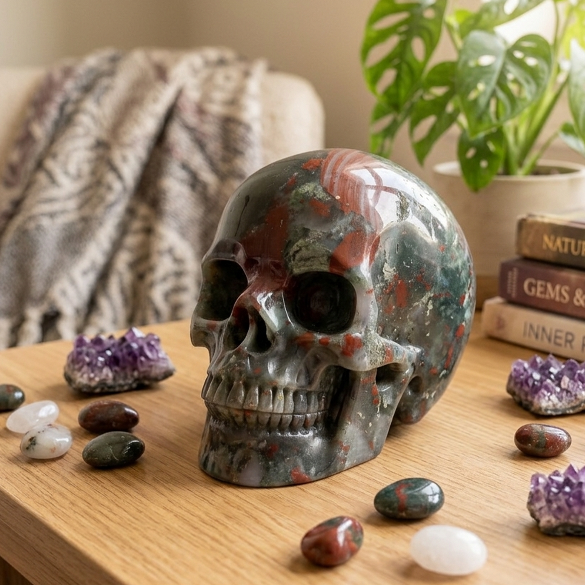 Additional view of a African Bloodstone Titan human skull carving, custom-made in sizes from 7 to 14 inches.