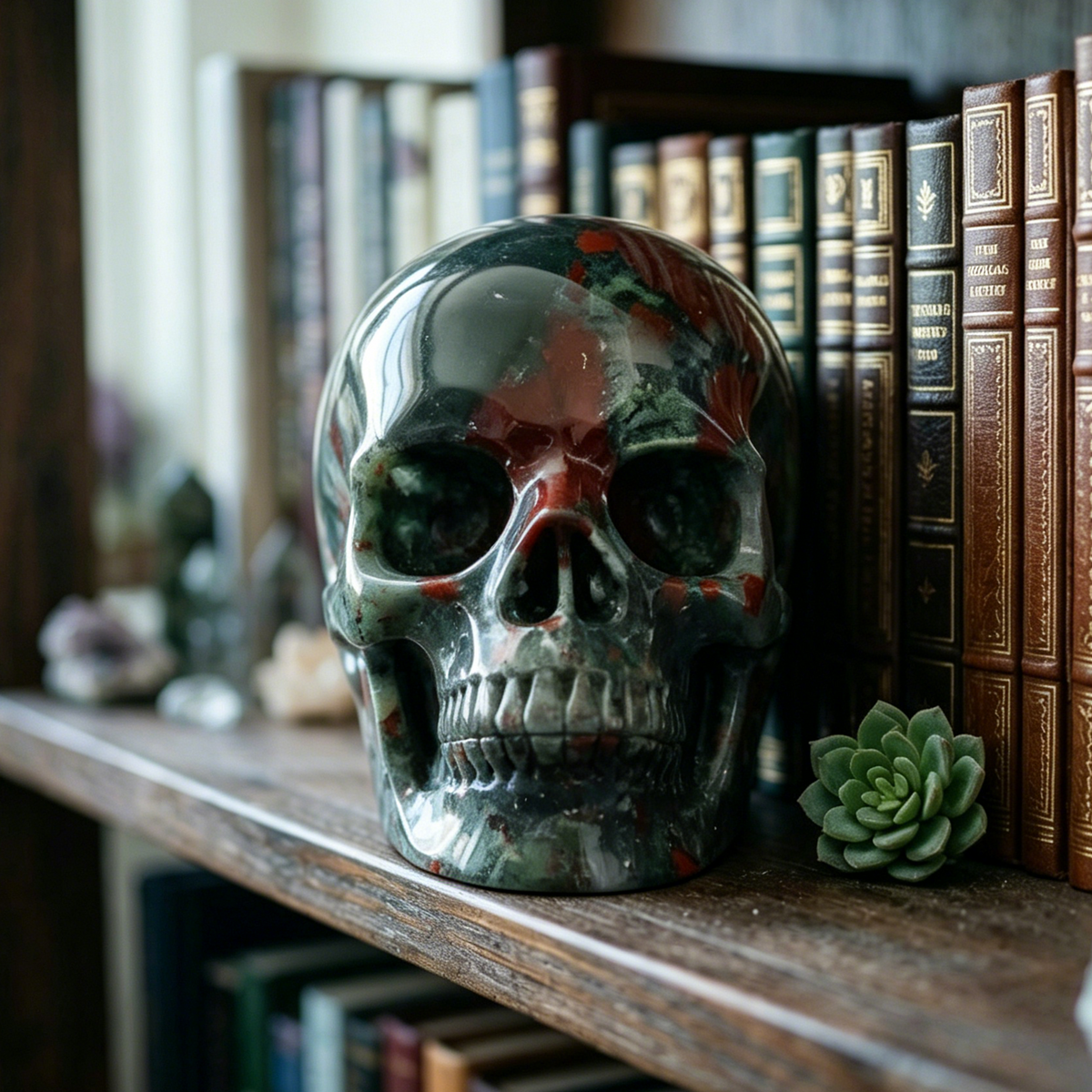 Additional view of a African Bloodstone Titan human skull carving, custom-made in sizes from 7 to 14 inches.