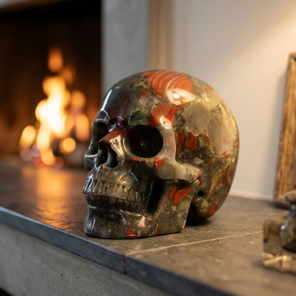 Additional view of a African Bloodstone Titan human skull carving, custom-made in sizes from 7 to 14 inches.