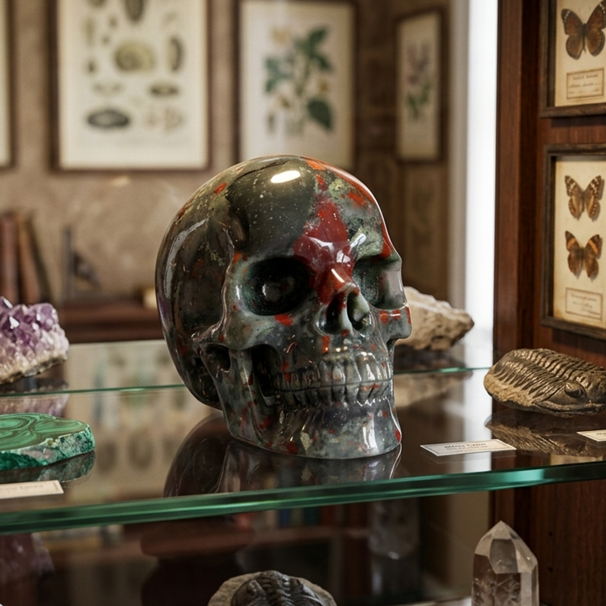 Additional view of a African Bloodstone Titan human skull carving, custom-made in sizes from 7 to 14 inches.
