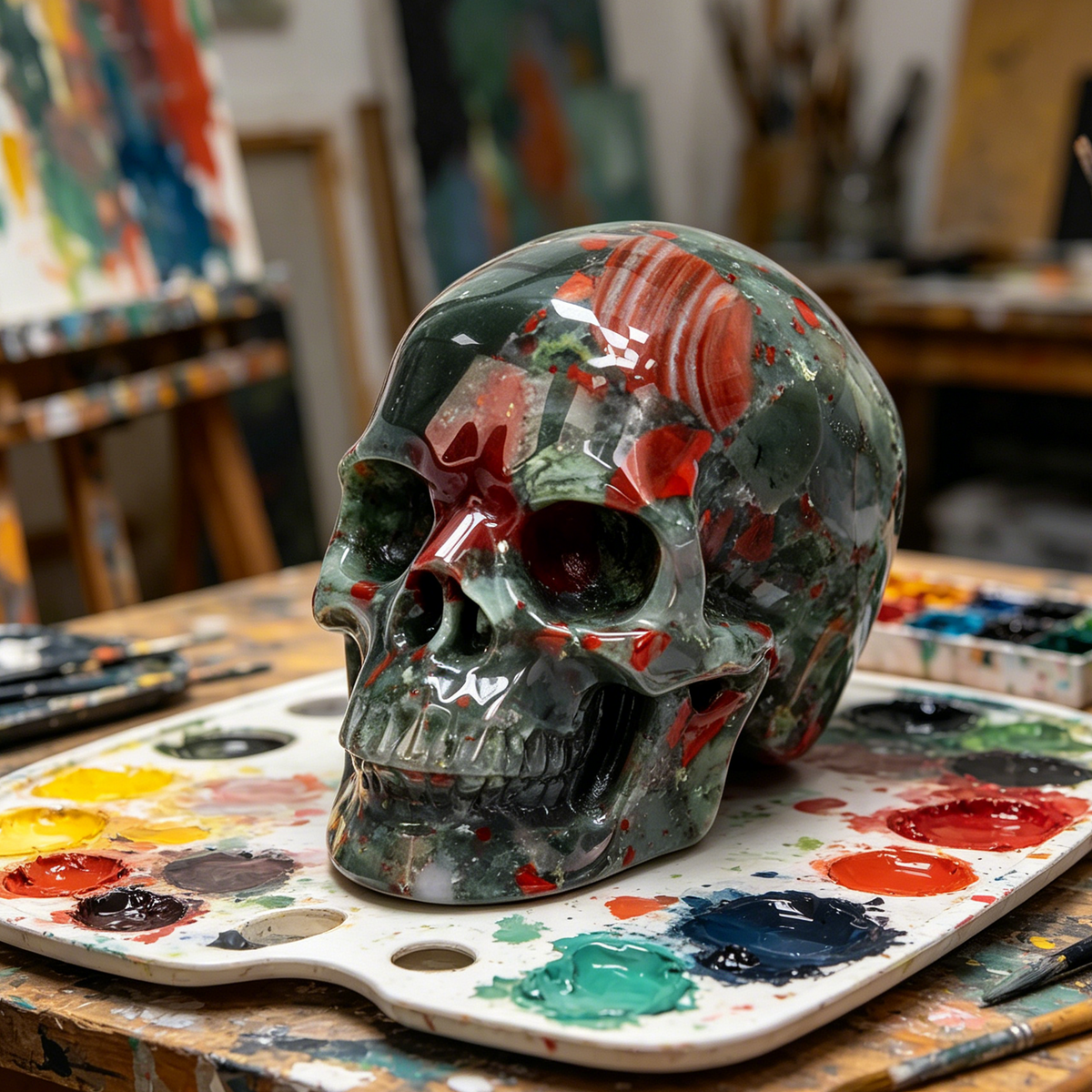 Additional view of a African Bloodstone Titan human skull carving, custom-made in sizes from 7 to 14 inches.