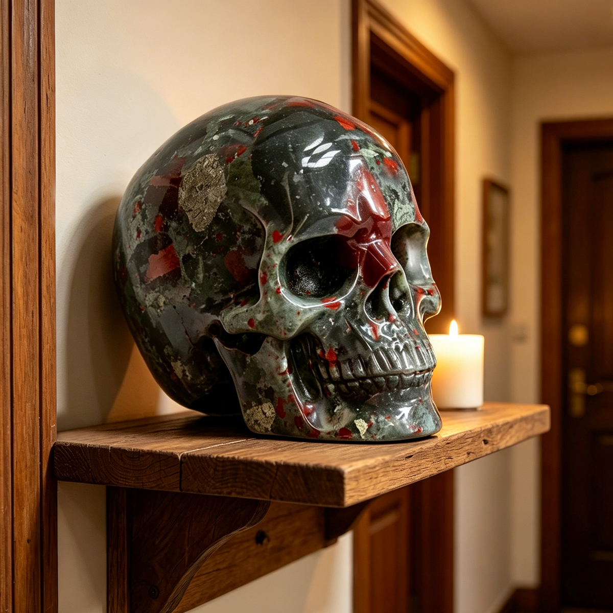 Additional view of a African Bloodstone Titan human skull carving, custom-made in sizes from 7 to 14 inches.