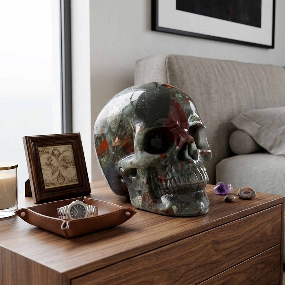 Additional view of a African Bloodstone Titan human skull carving, custom-made in sizes from 7 to 14 inches.
