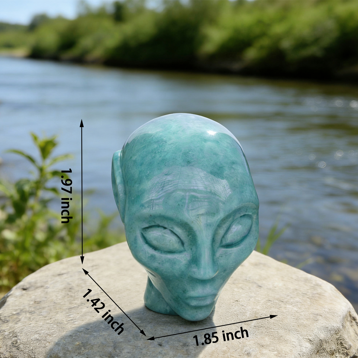 Additional view of a 2-inch Amazonite alien skull carving