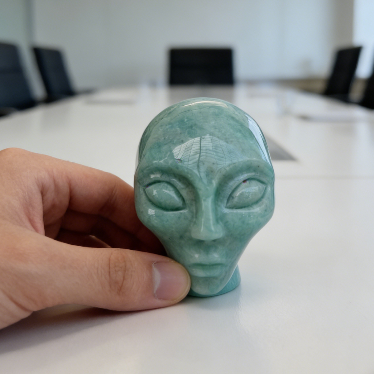 Additional view of a 2-inch Amazonite alien skull carving