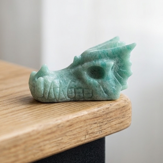 Additional view of a 2-inch Amazonite dragon skull carving