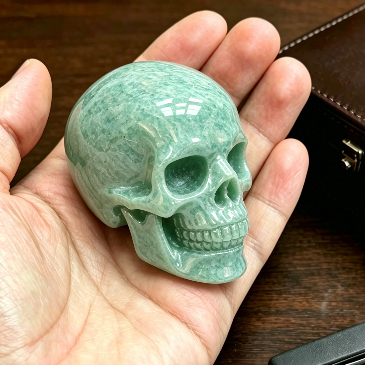 Additional view of a 2-inch Amazonite human skull carving