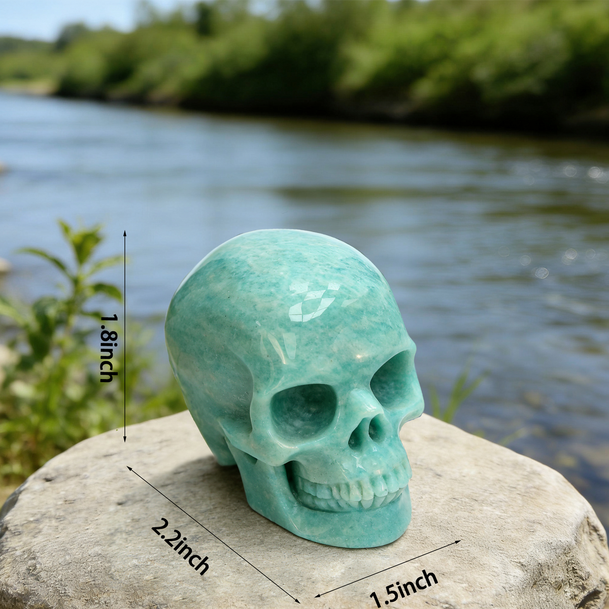 Additional view of a 2-inch Amazonite human skull carving