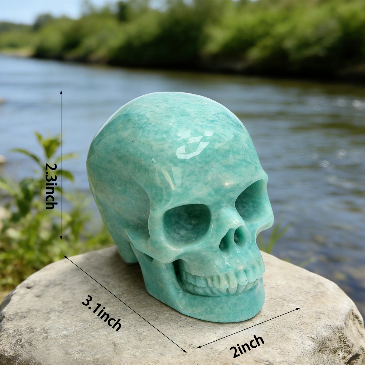 Additional view of a 3-inch Amazonite human skull carving