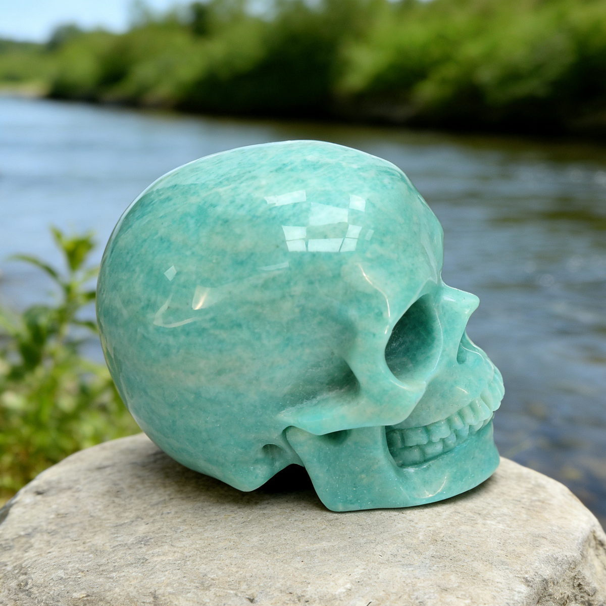 Additional view of a Amazonite human skull carving