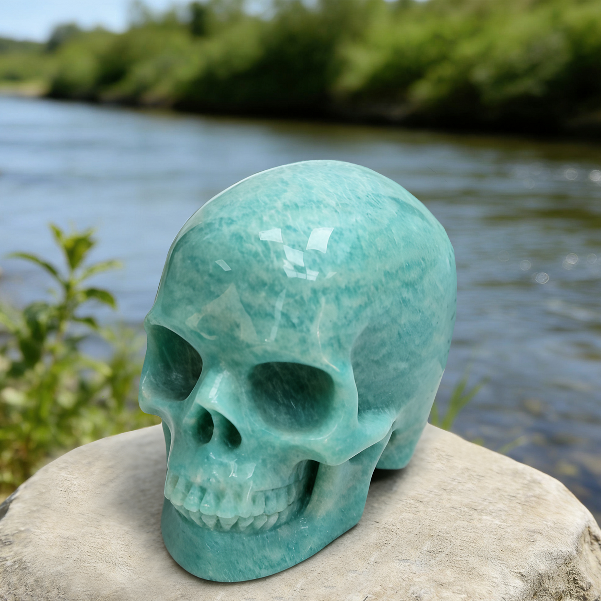 Additional view of a Amazonite human skull carving
