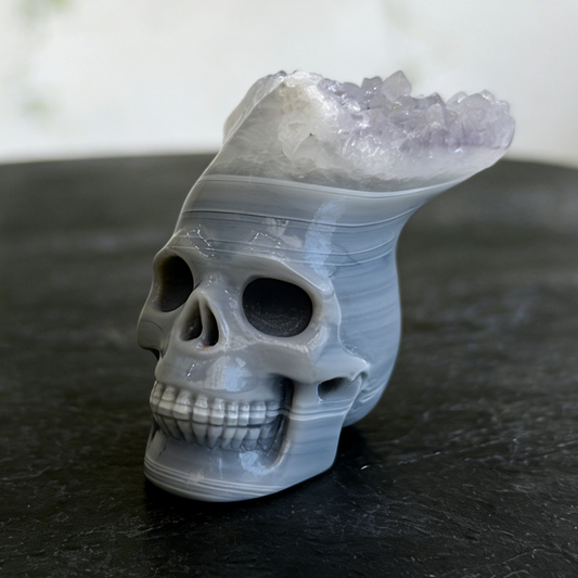Additional view of a 2.64-inch Amethyst cluster crown skull carving