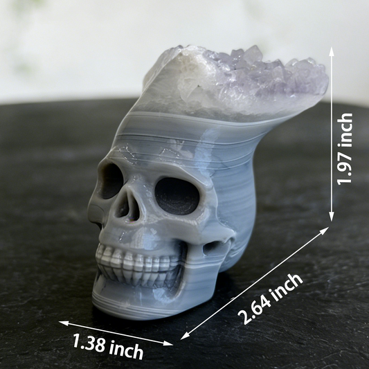 Additional view of a 2.64-inch Amethyst cluster crown skull carving