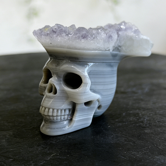 Additional view of a 2.64-inch Amethyst cluster crown skull carving