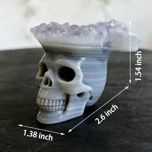 Additional view of a 2.64-inch Amethyst cluster crown skull carving